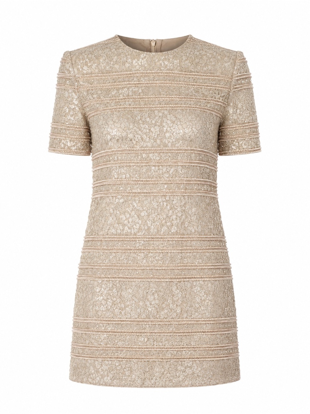 Badgley Mischka Champagne Lace Short-Sleeve Shift Dress